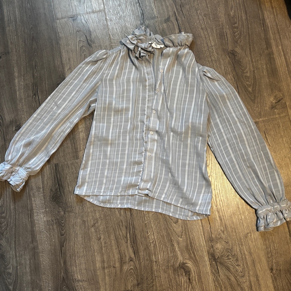 Ted Sollod Ruffled Button-Up Blouse in Slate Gray